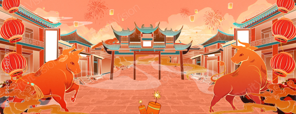 一条街上的两排房子挂满了灯笼过新年图片