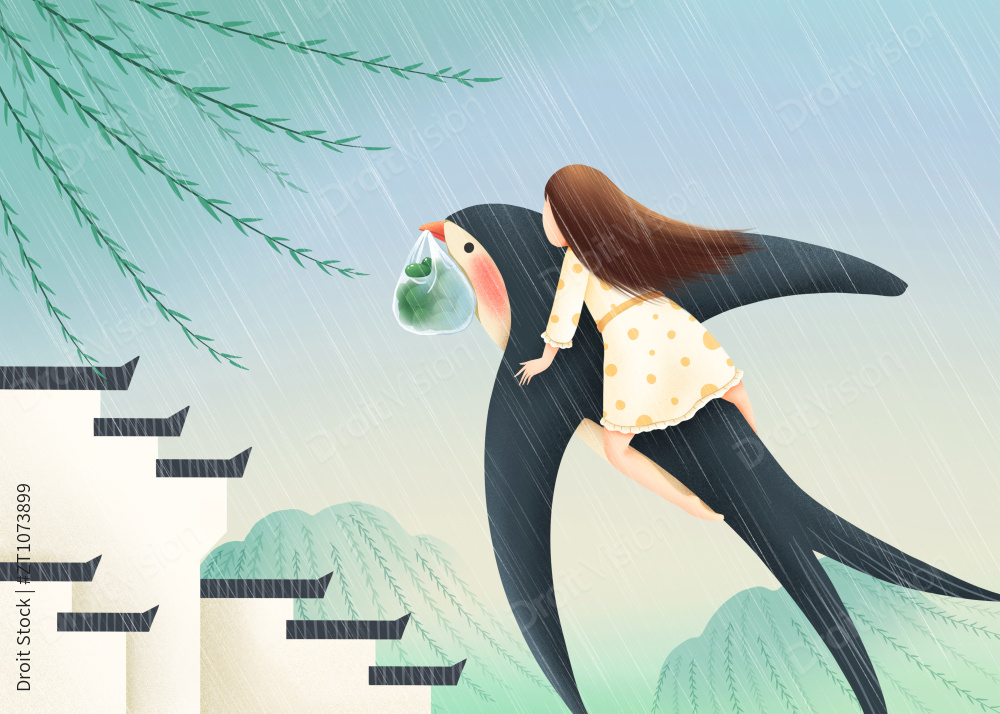 雨中骑着燕子的女孩图片