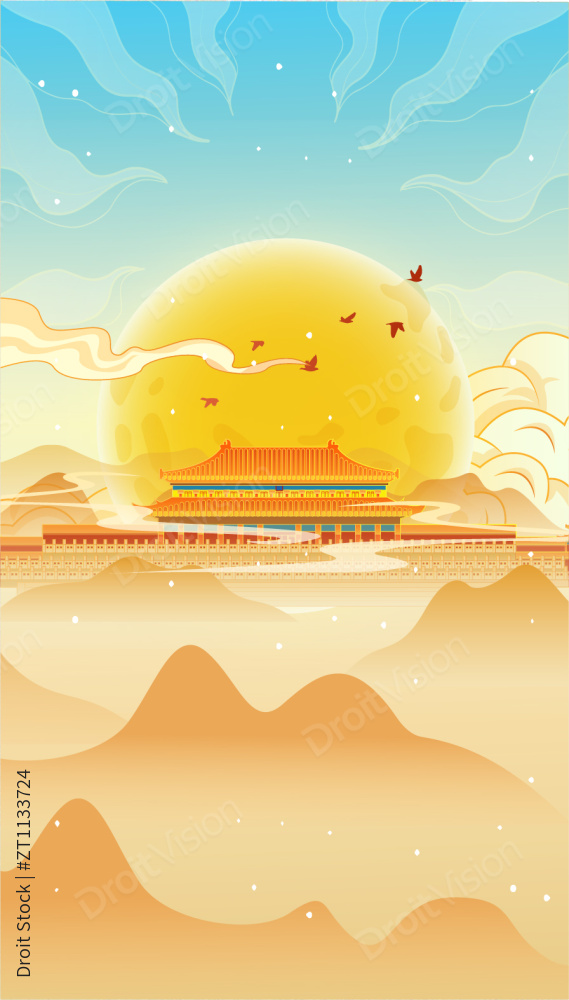 圆月下的中国古典建筑背景矢量插画图片