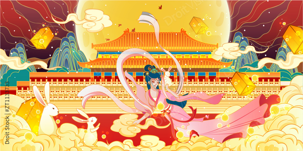 嫦娥月圆之下赏月图片