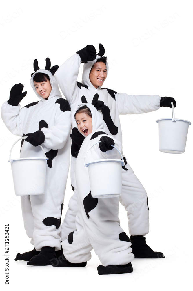 创意奶牛家庭和牛奶桶图片