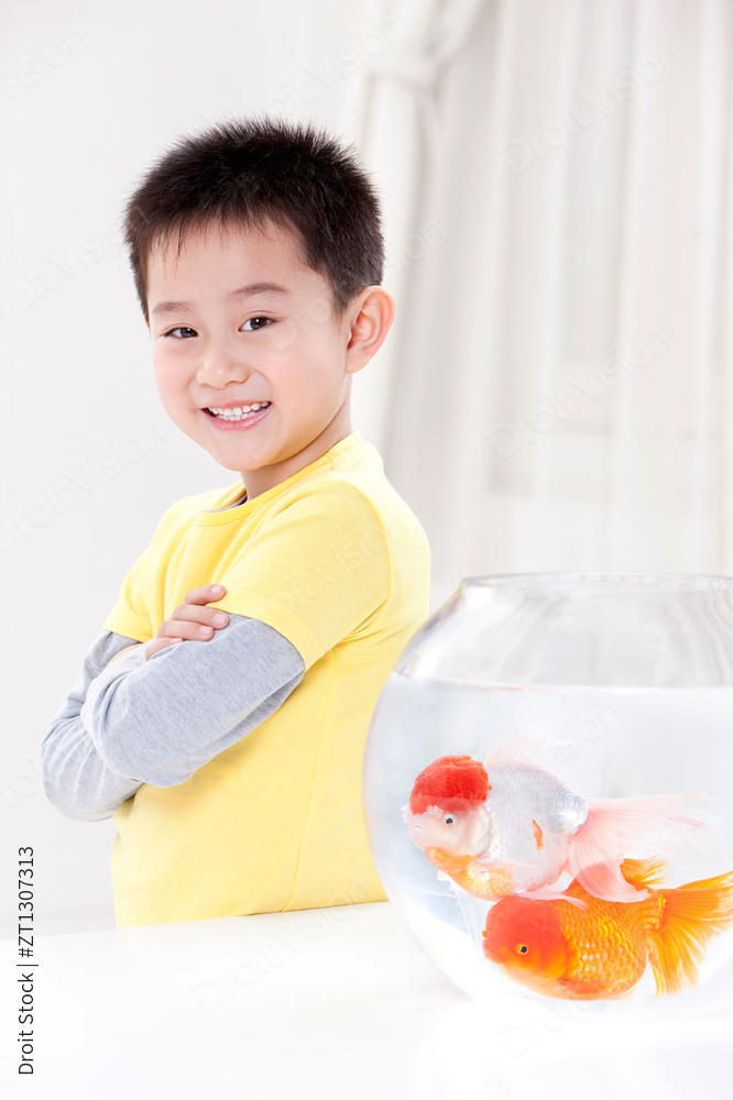 可爱的小男孩和金鱼图片