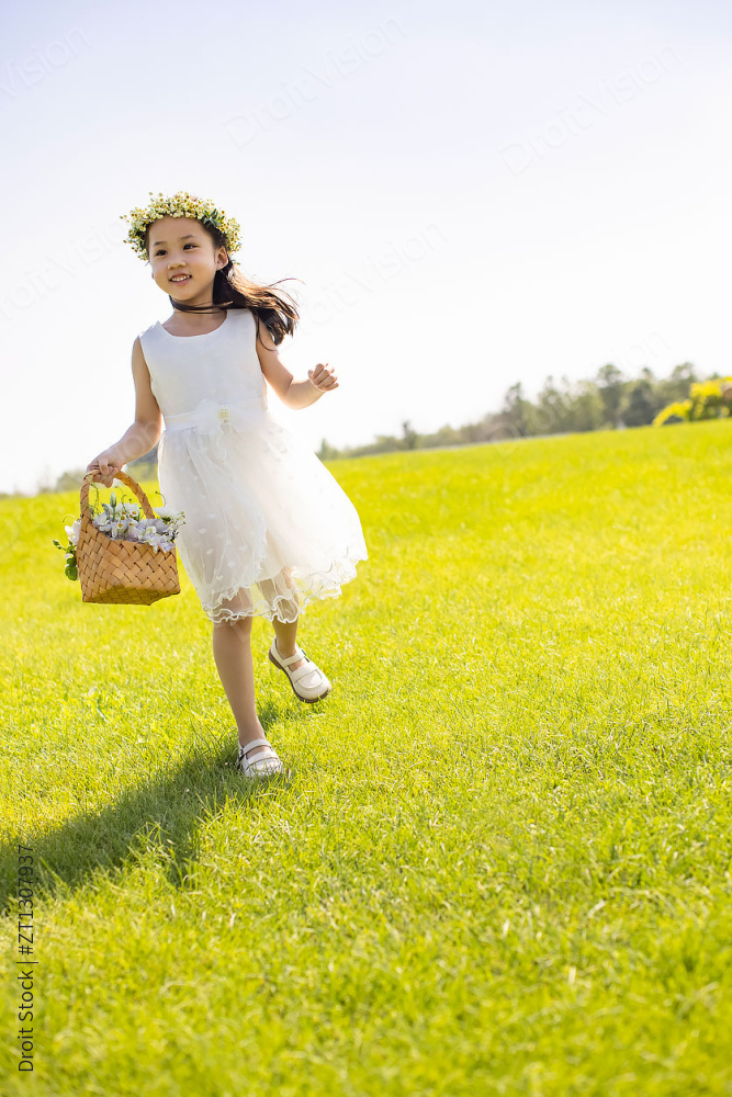 可爱的婚礼花童在草地上玩图片