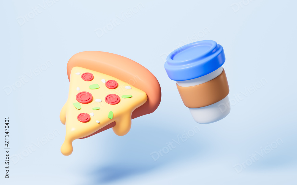 卡通披萨和饮料3D渲染图片
