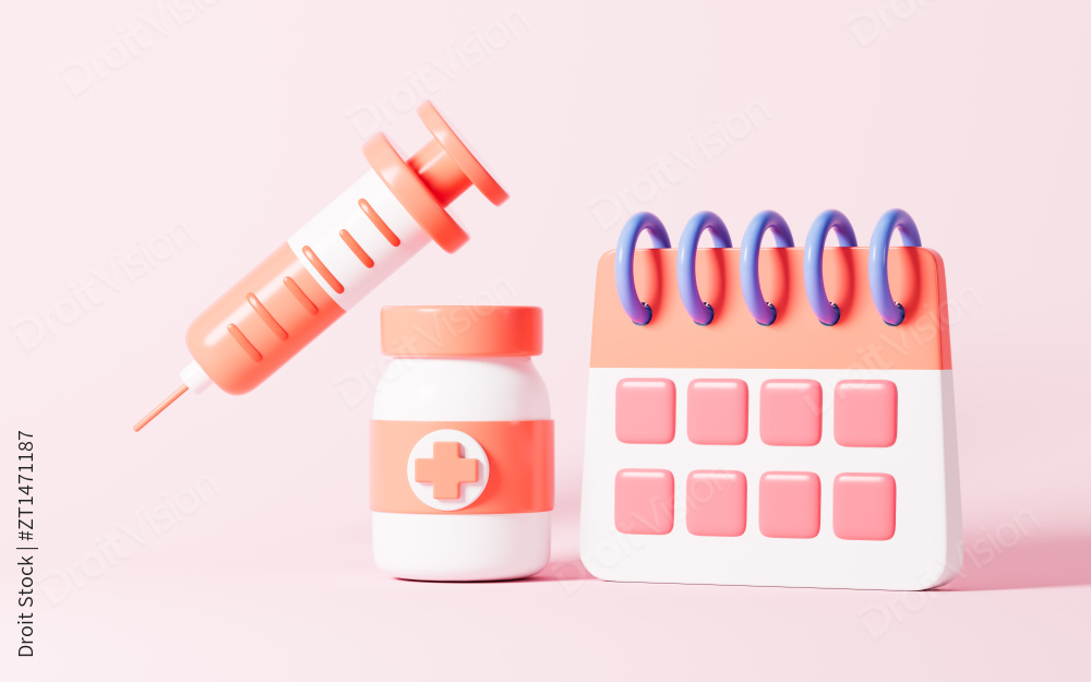 卡通注射器与日历3D渲染图片