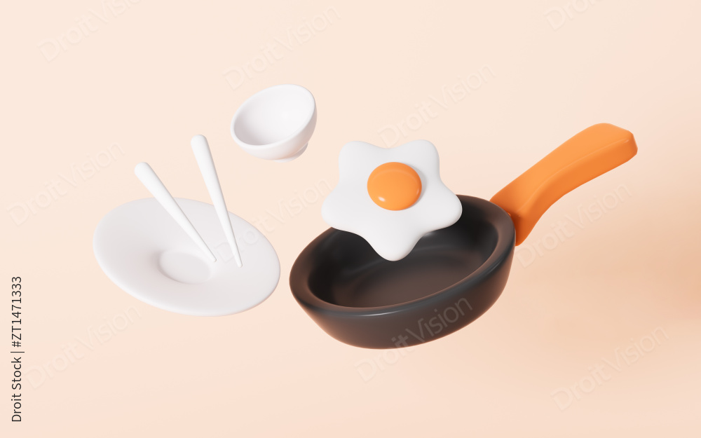 卡通铁锅和餐具组合3D渲染图片