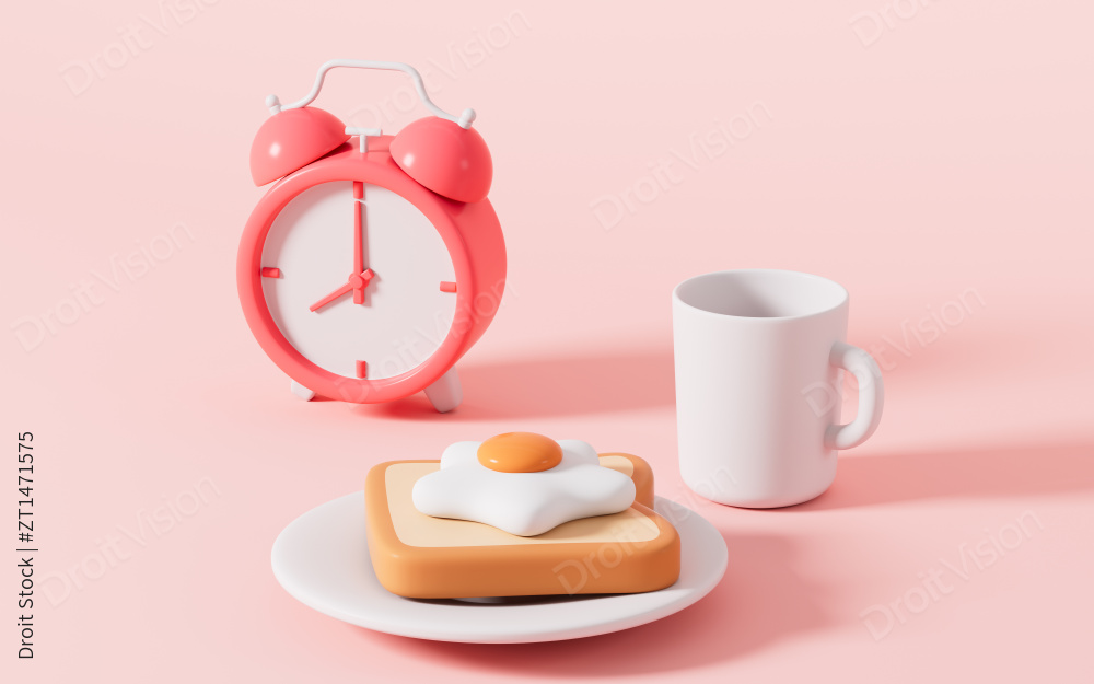 卡通闹钟和营养早餐3D渲染图片