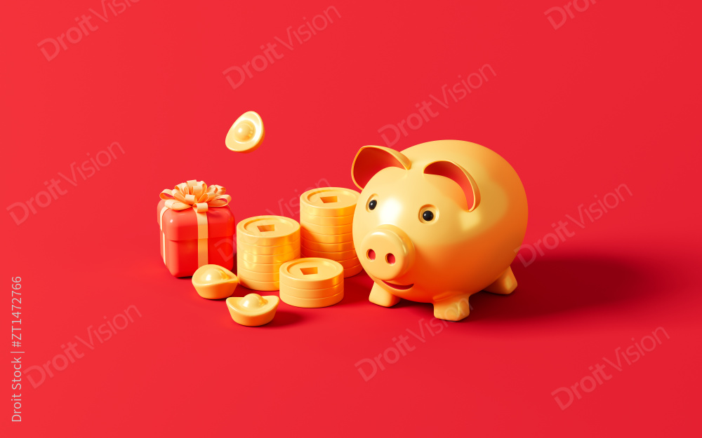 卡通金猪与礼物模型春节主题场景3D渲染图片