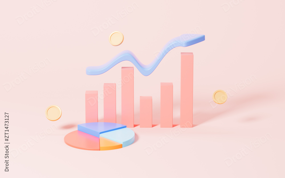 业务统计图与饼图模型3D渲染图片