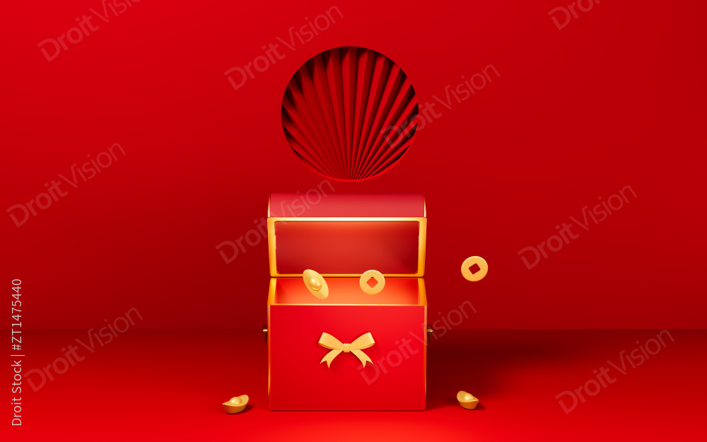 国风背景与金色宝箱3D渲染图片