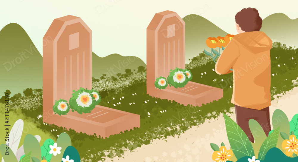 卡通手绘中国清明节扫墓插画图片