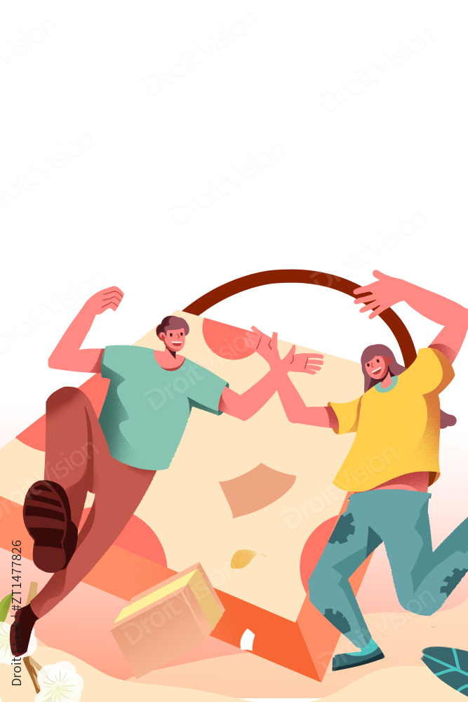 卡通手绘男女欢呼跳跃购物插画图片