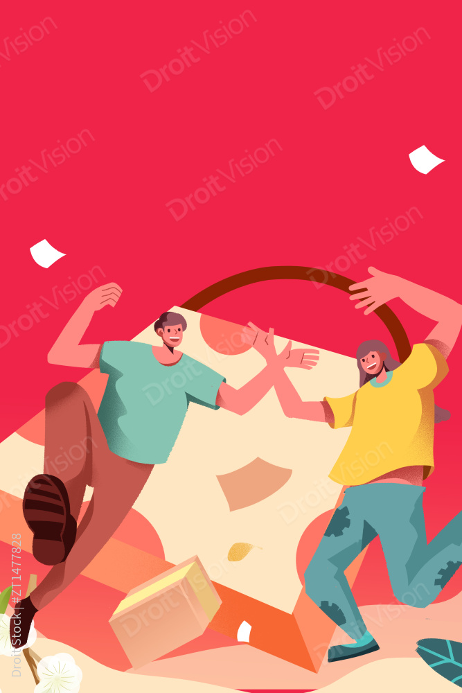 卡通手绘男女欢呼跳跃购物插画图片