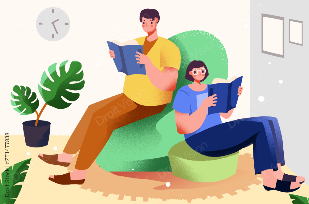 卡通手绘男女青年阅读书籍唯美插画图片