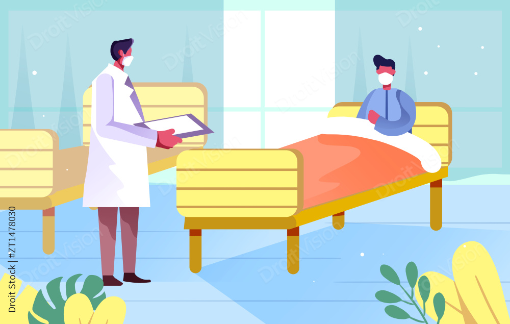 卡通戴口罩医生检查病人情况插画图片