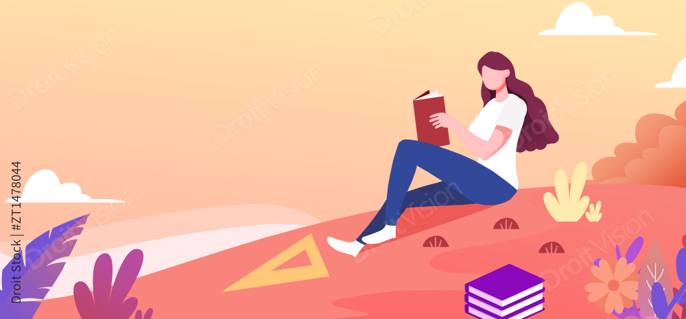 卡通开学季女生看书阅读插画图片