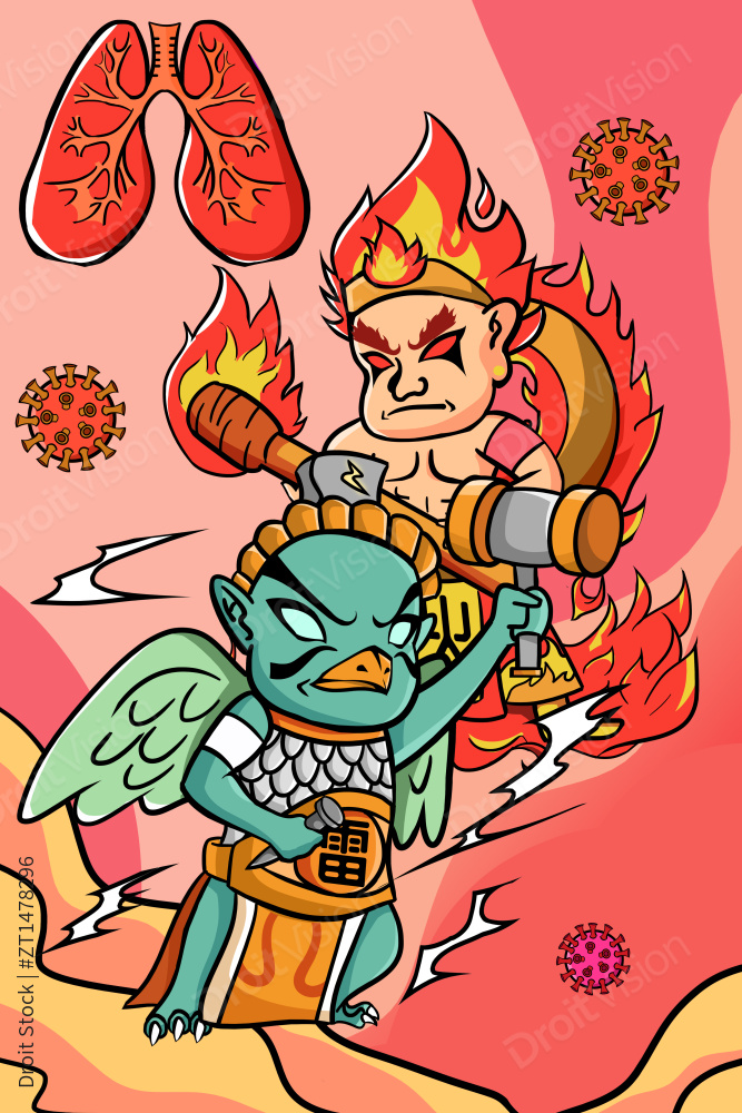雷神火神共战肺炎疫情插画图片