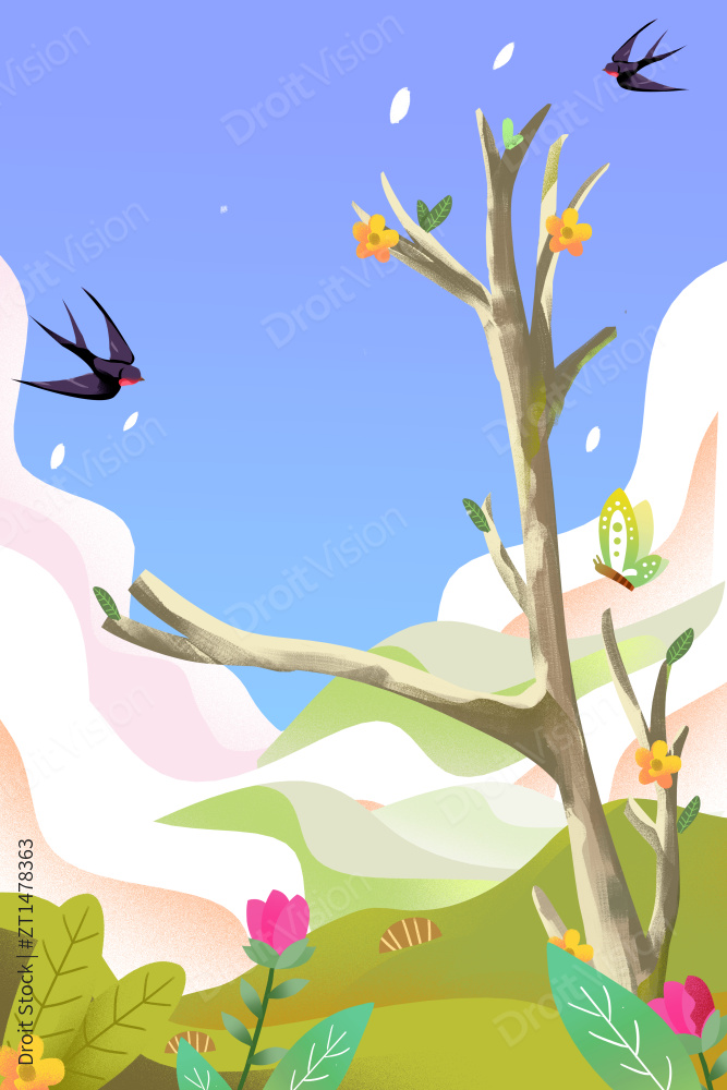 春天户外蓝天白云背景插画图片