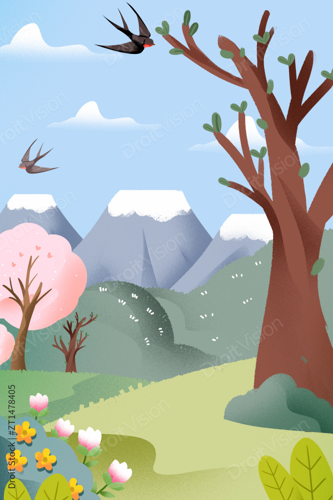 春季蓝天白云户外室外场景竖图插画图片