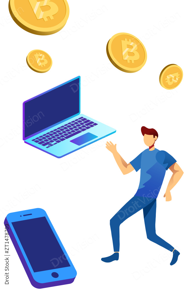 卡通手绘虚拟钱币比特币网络经济插画图片