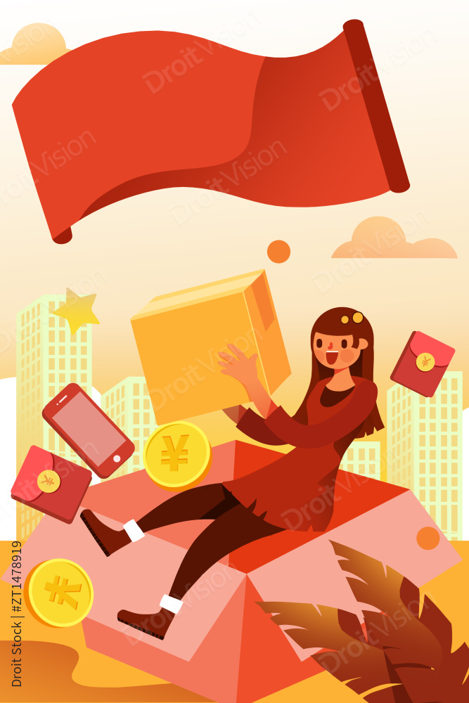 卡通手绘金币推广活动金融女生送好礼闪屏海报插画图片
