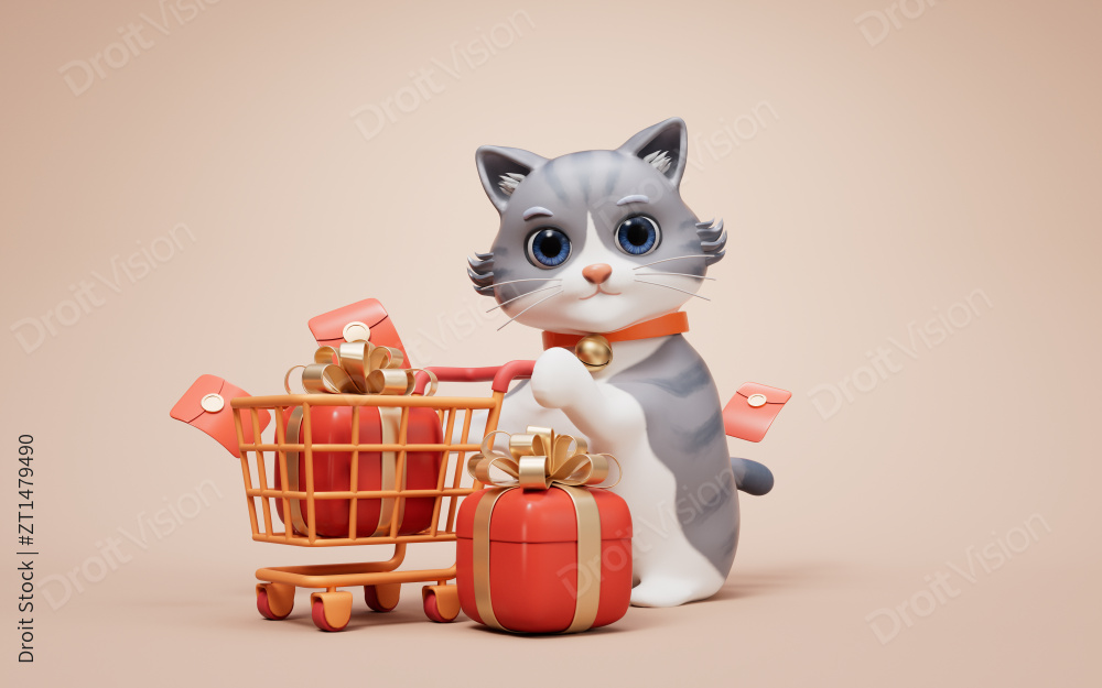 卡通风格小猫与礼物盒3D渲染图片