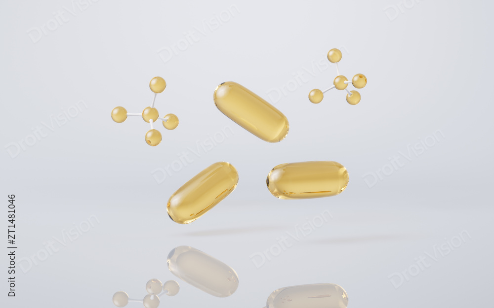 金色透明鱼油胶囊3D渲染图片