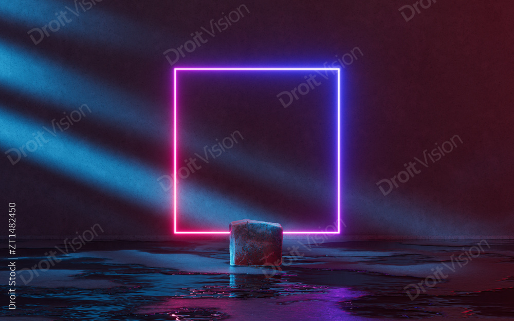 粗糙的岩石展台与霓虹灯光背景3D渲染图片