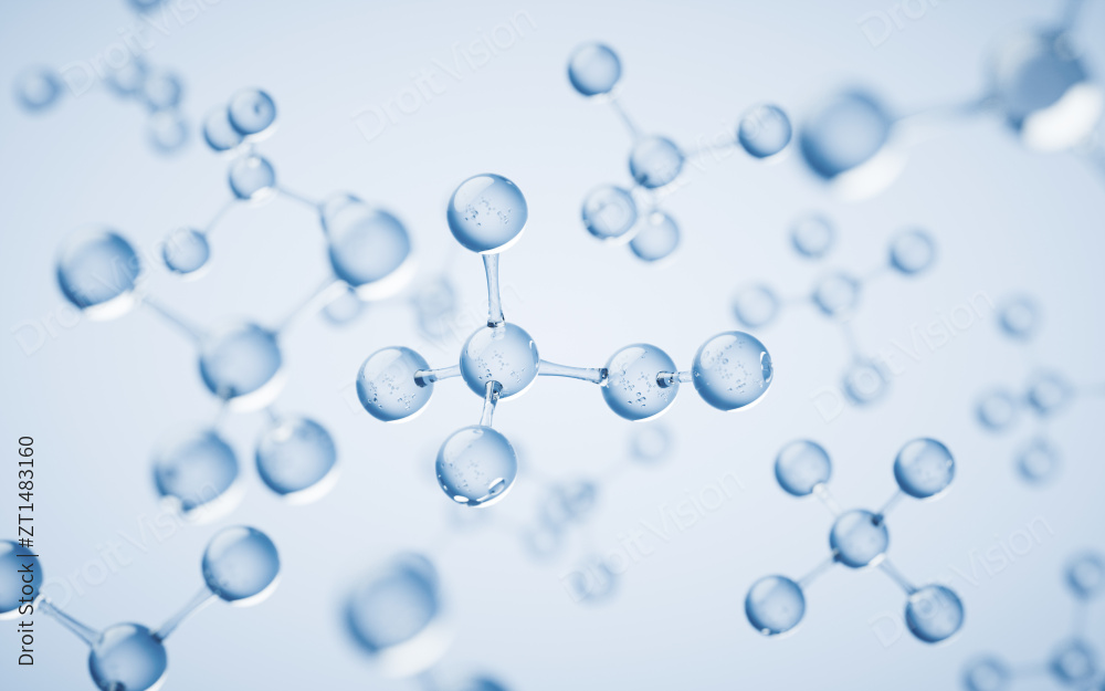 透明分子与蓝色背景3D渲染图片