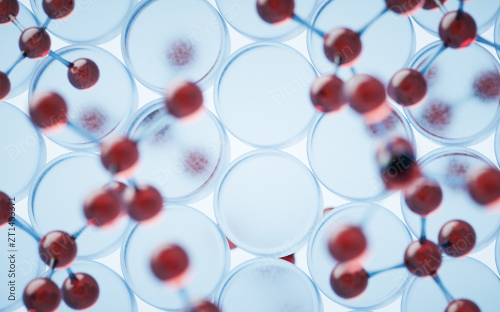 透明分子与蓝色背景3D渲染图片