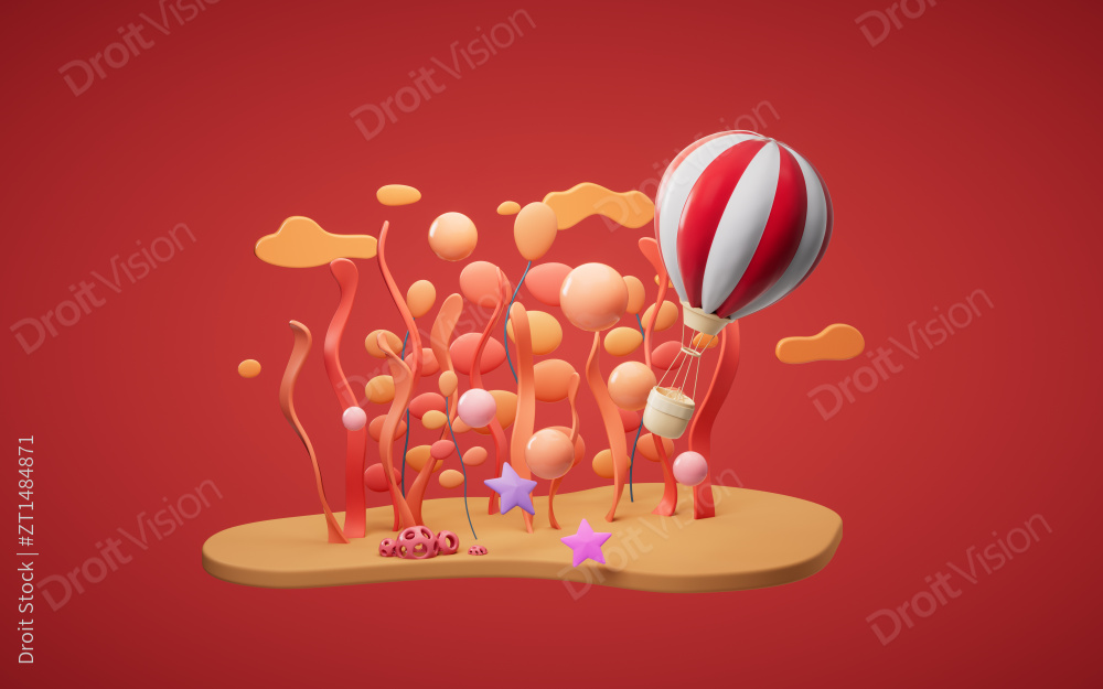 热气球与卡通风格背景3D渲染图片