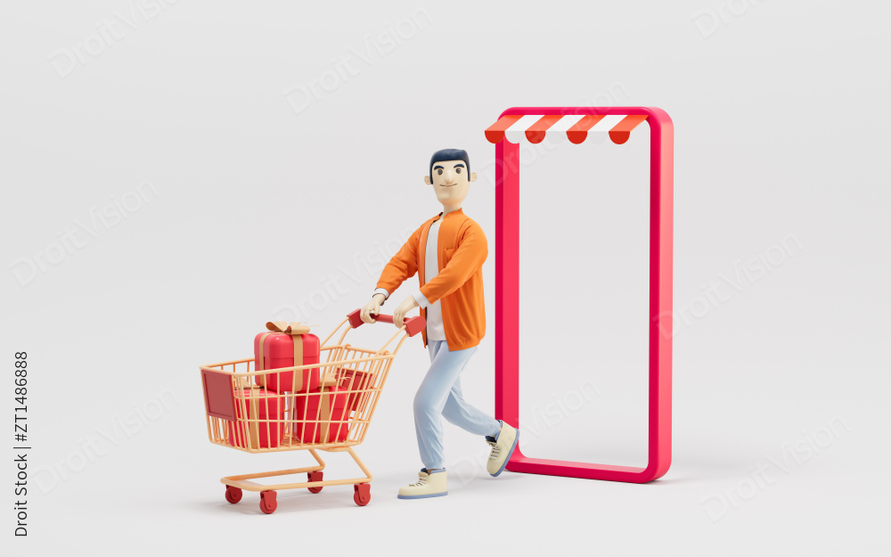 卡通男士购物角色3D渲染图片