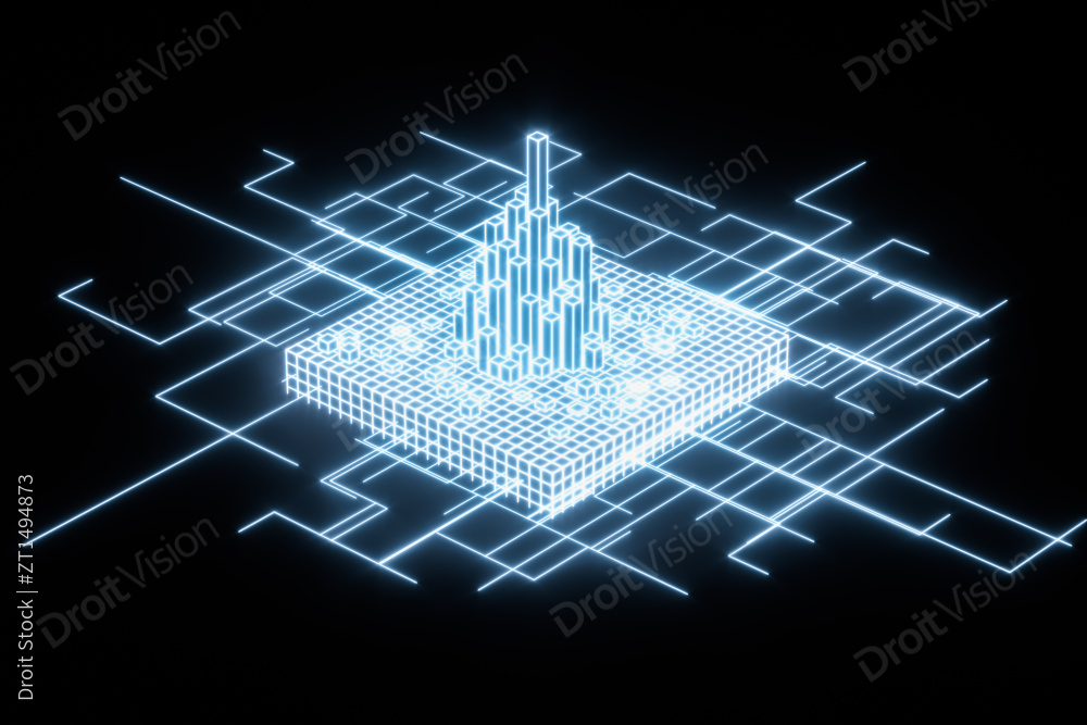 蓝色发光线条立方体背景 三维渲染图片