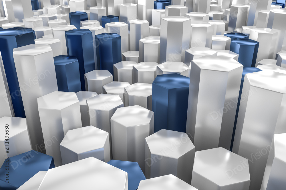 六边形柱子散布，三维渲染图片