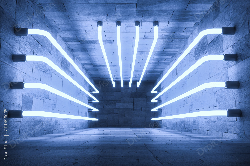 三维渲染，黑暗房间内的发光灯管图片