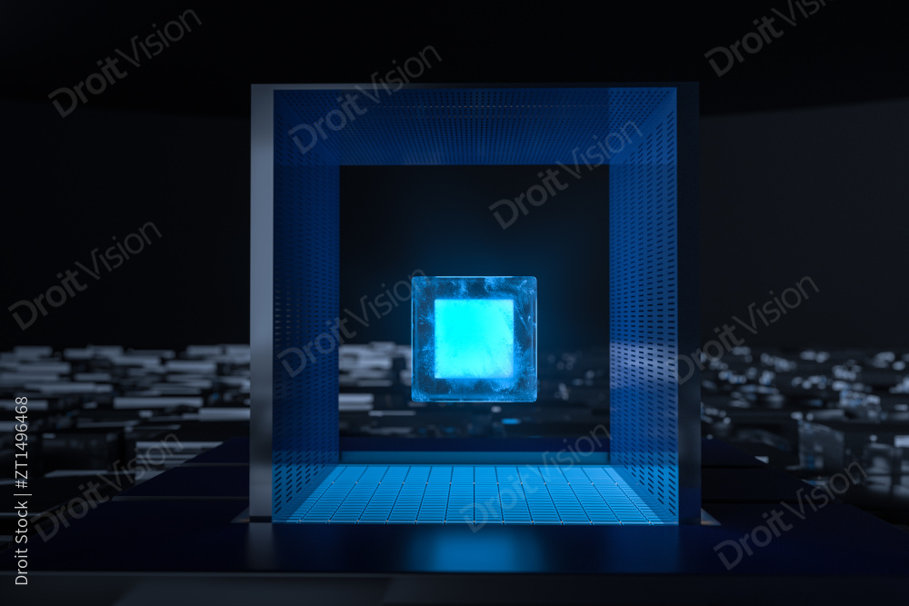 金色与蓝色的方块创意空间 三维渲染图片