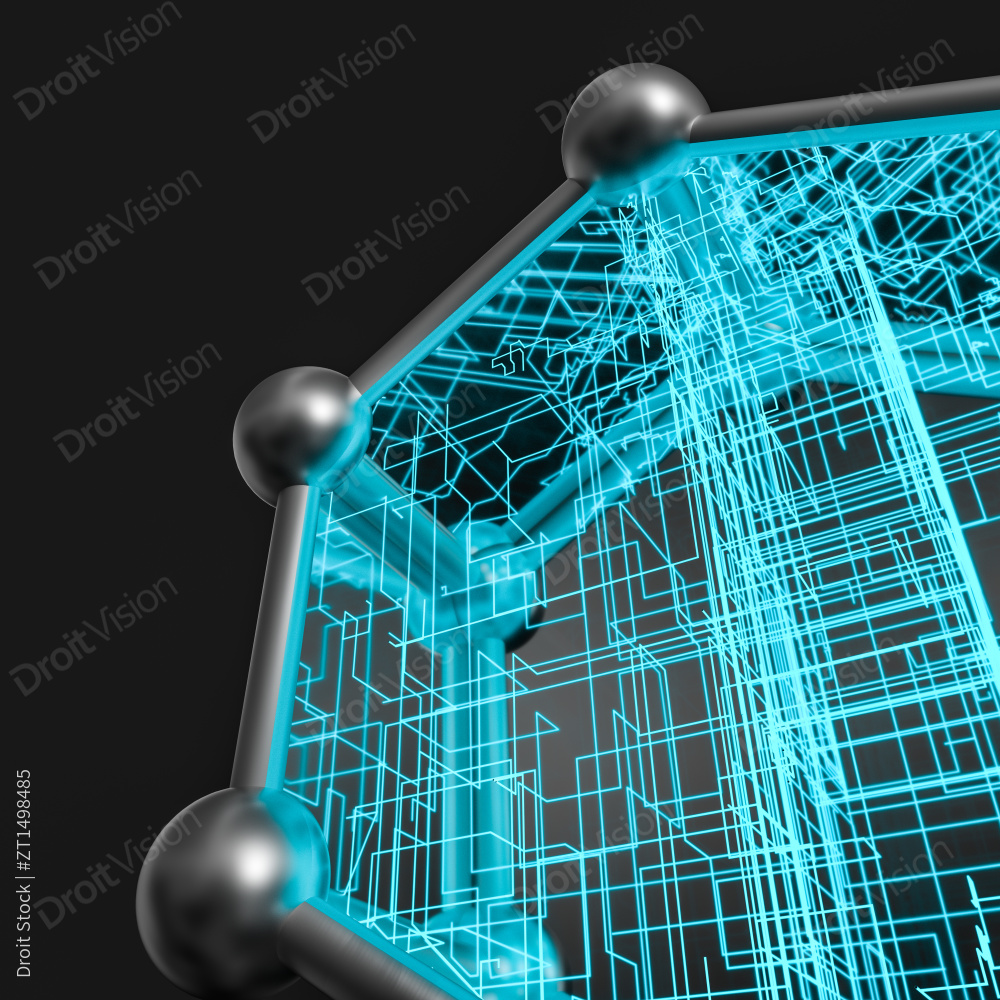 蓝色交错的发光线条与六边形结构，三维渲染图片