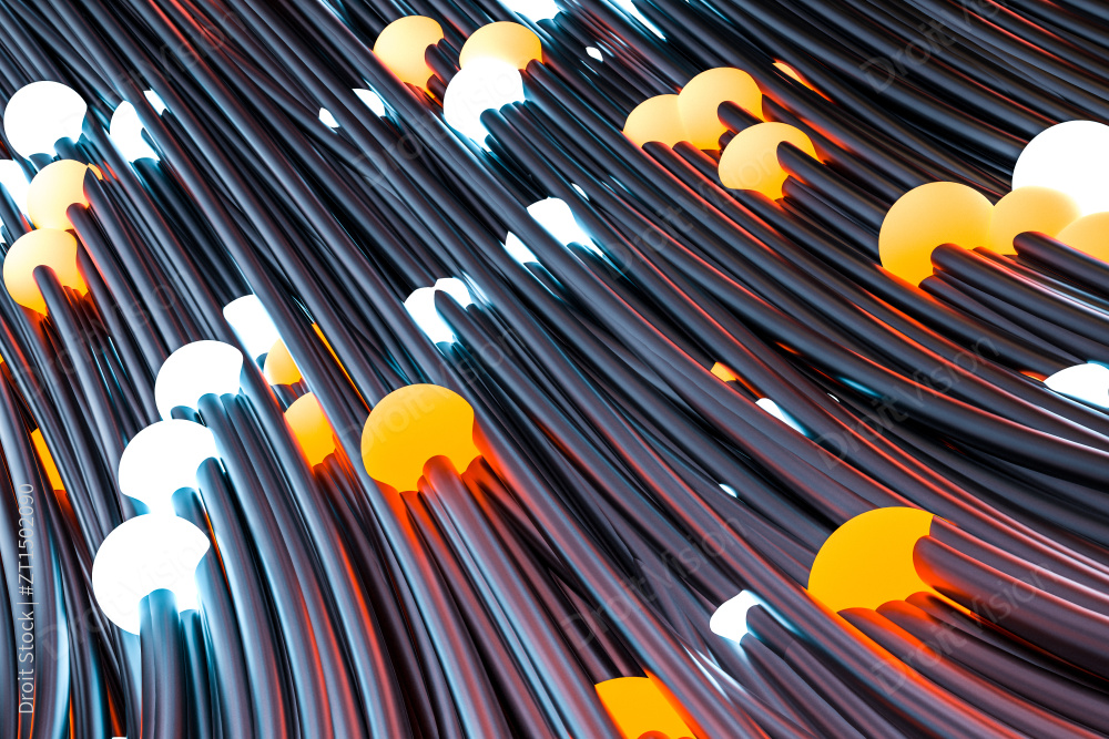 发光小球与流动线体，三维渲染图片