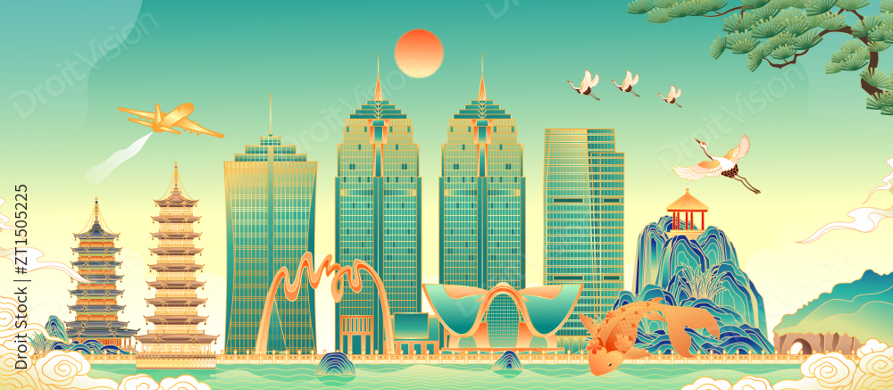 广西桂林城市建筑群插画图片