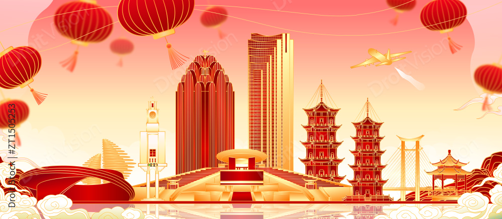 福建泉州城市地标建筑插画图片