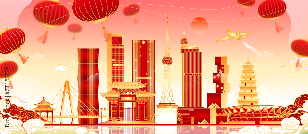 广东佛山城市地标建筑矢量插画图片