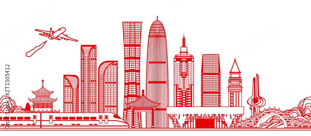 剪纸风格山东济南城市建筑插画图片