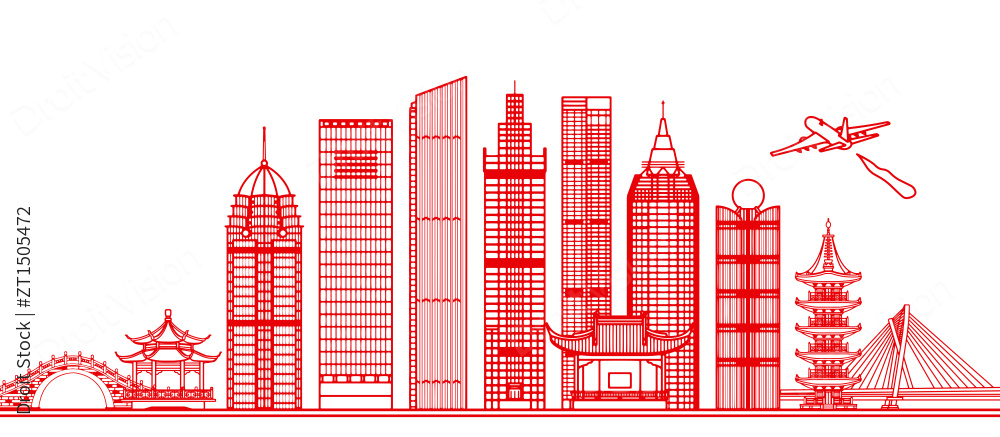 剪纸风格江苏无锡城市建筑插画图片