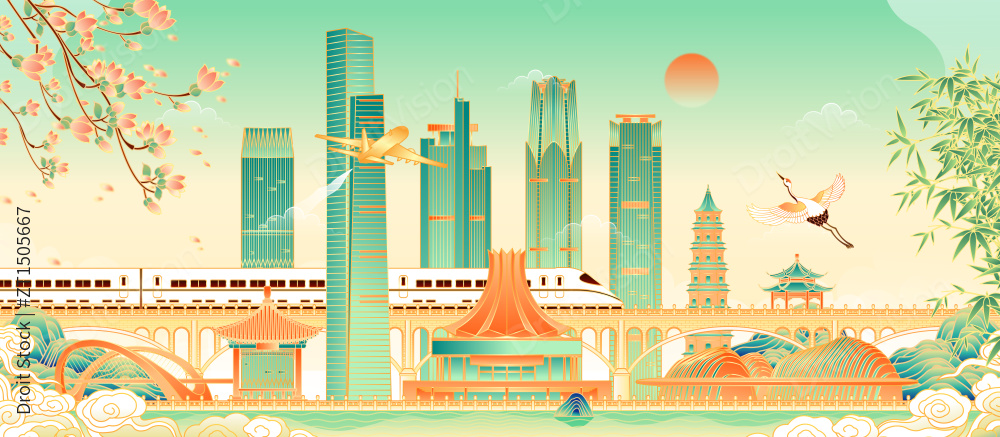 广西南宁城市建筑群矢量插画图片