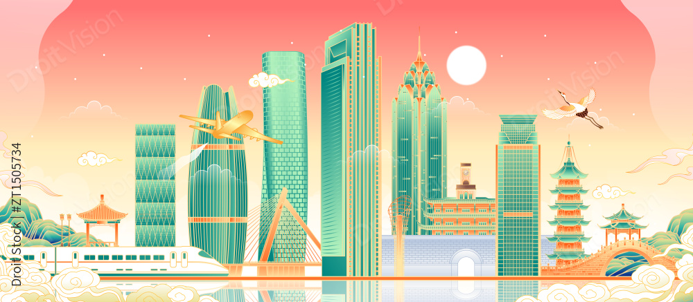 浙江宁波城市天际线建筑插画图片