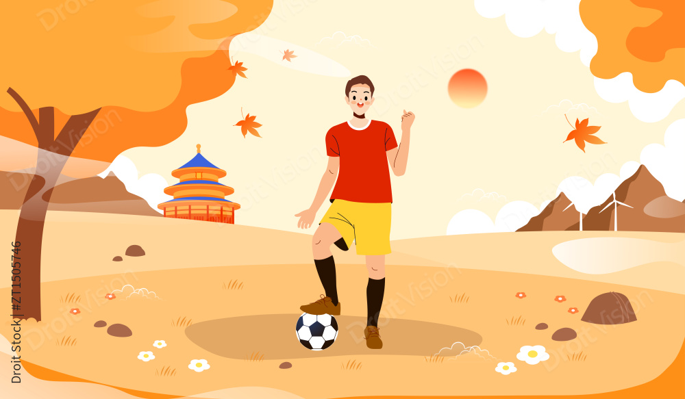 玩足球的年轻人矢量插画图片