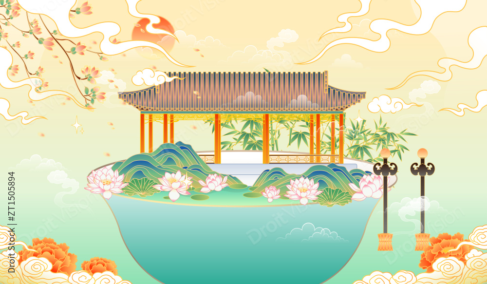 恭王府方塘水榭风景矢量插画图片