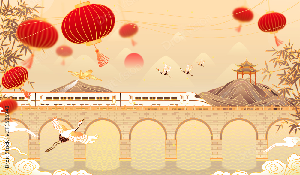 新年春运行驶中的高铁矢量插画图片