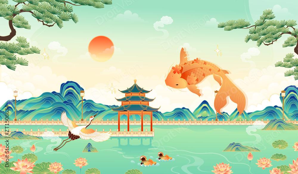 江南园林山水风景矢量插画图片