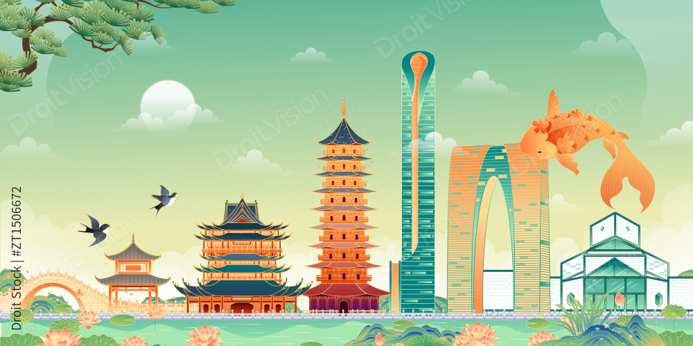 江苏省苏州城市建筑矢量插画图片